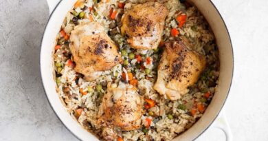chicken and rice in Dutch oven.