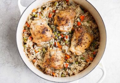 chicken and rice in Dutch oven.