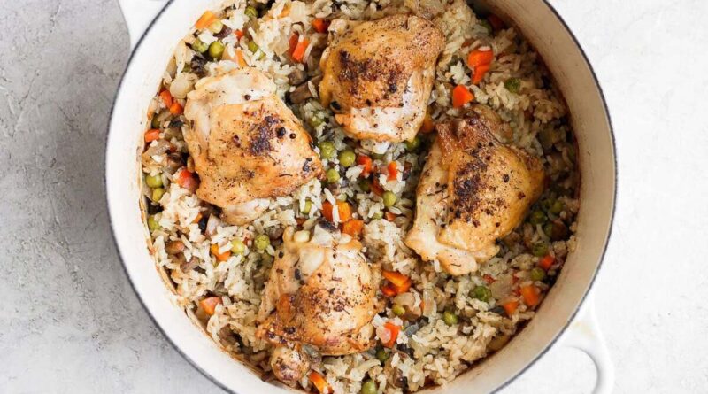 chicken and rice in Dutch oven.