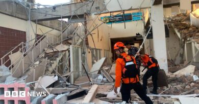 Emergency workers look through the rubble at Lauren Say port in Maumere