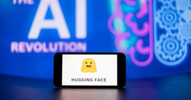 In this photo illustration, the Hugging Face logo seen displayed on a mobile phone screen with the AI (artificial intelligence) revolution symbol in the background.