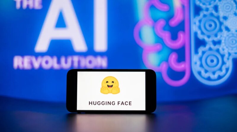 In this photo illustration, the Hugging Face logo seen displayed on a mobile phone screen with the AI (artificial intelligence) revolution symbol in the background.