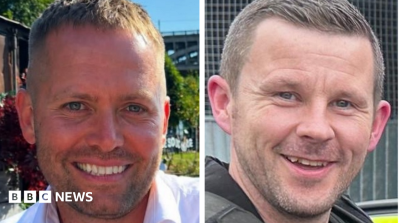 Pictures of the two officers. Both are smiling. PC Blades has smart stubble and short fair hair. PC Clough also has stubble and short dark hair.
