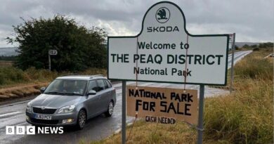 A road sign which reads SKODA WELCOME TO THE PEAQ DISTRICT NATIONAL PARK. A cardboard sign is hung around the larger sign which reads NATIONAL PARK FOR SALE CASH NEEDED.