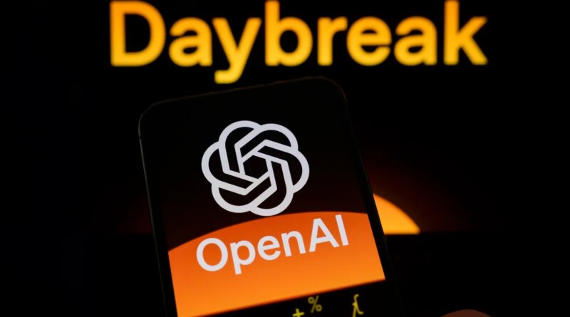 The OpenAI logo is displayed on a smartphone screen held in one hand, with the Daybreak visual in the background.