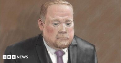 Courtroom sketch of Robert Bush in a dark three-piece suit standing alone against a plain brown background. He wears a light-coloured shirt and a purple tie. The illustration is rendered in soft pencil and pastel tones.