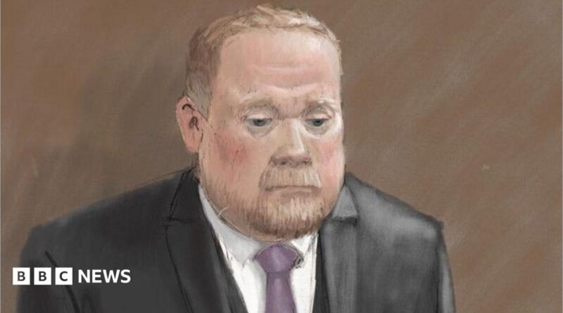Courtroom sketch of Robert Bush in a dark three-piece suit standing alone against a plain brown background. He wears a light-coloured shirt and a purple tie. The illustration is rendered in soft pencil and pastel tones.