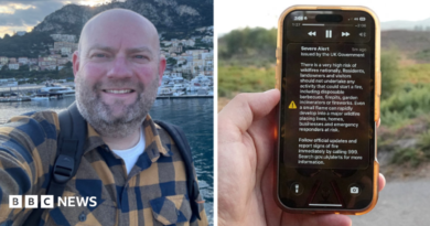 A man holds a phone in front of a green field. The phone is displaying the UK government wildfire alert.