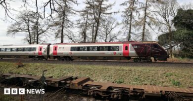 The cab and first carriage of a CrossCountry train travels on tracks in the countryside. In the background trees and fields can be seen.