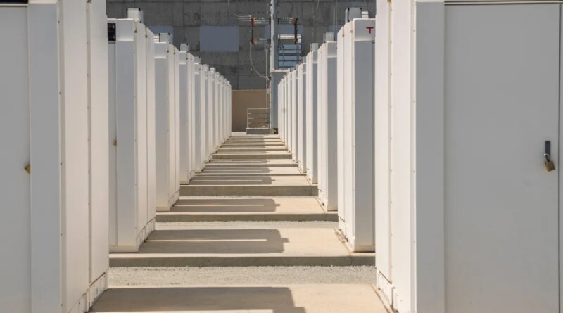 Tesla Megapack batteries during a tour of the Elkhorn Battery Energy Storage System in Moss Landing, California