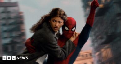Spider-Man swings through the city on web whilst holding MJ, played by Zendaya.