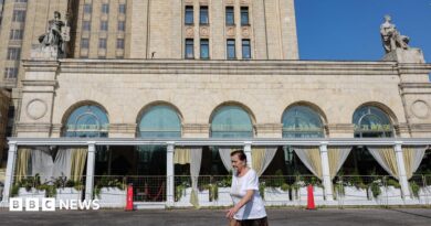 A woman wearing a red jumper and sunglasses, as well as a little bag on her right shoulder, talks on the phone in front of an exterior view of the Central Bank of the Russian Federation building on top of which the Russian flag can be seen