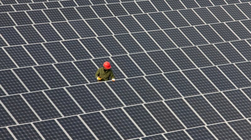 Man inspecting solar panels.