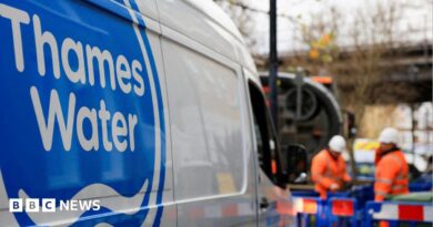 A shot of a Thames Water van. In the background there are two men wearing hi-vis clothing and hard hats and standing in an area that is boarded off by blue fences. 