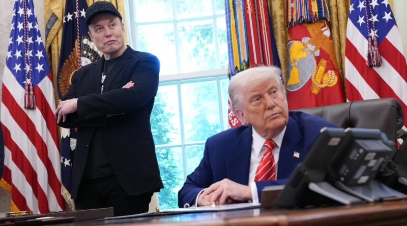 Tesla CEO Elon Musk and U.S. President Donald Trump listen to a question from reporters in the Oval Office of the White House.