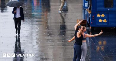 wet street with a man walking along with an umbrella and two women posing for selfie in the rain