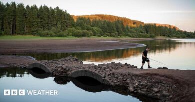 View of a depleted reservoir with a boy walking across a bridge with a fishing rod