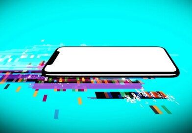 an illustration on a blue background indicating spyware stealing data from a person's phone