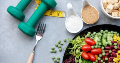 healthy food and hand weights