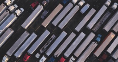 overhead shot of parked semi trucks