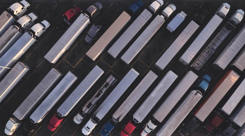overhead shot of parked semi trucks