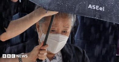 Han Hak-ja arriving at a Seoul court for her sentencing hearing on Monday.