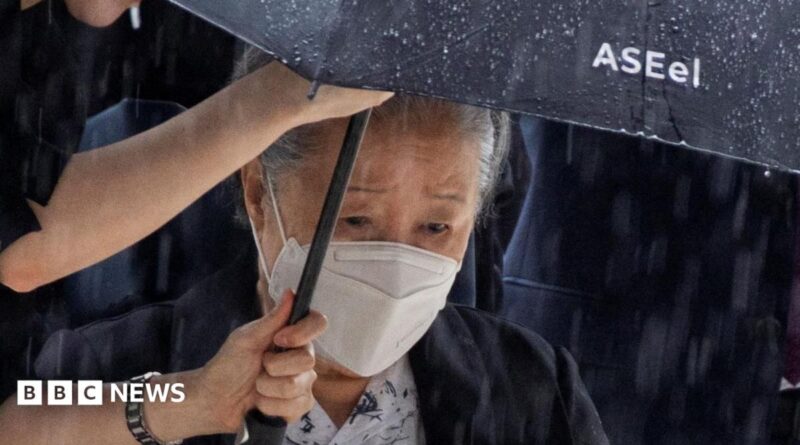 Han Hak-ja arriving at a Seoul court for her sentencing hearing on Monday.