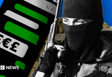 A composite image showing a stylised rendition of a phone with WhatsApp-style text message bubbles in grey and green, with one displaying currency symbols. On the right-hand side is an image of an IS militant with his face covered with a balaclava and carrying an assault rifle, with an image of war-torn Syria behind him.