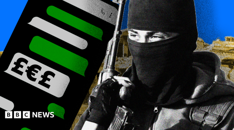 A composite image showing a stylised rendition of a phone with WhatsApp-style text message bubbles in grey and green, with one displaying currency symbols. On the right-hand side is an image of an IS militant with his face covered with a balaclava and carrying an assault rifle, with an image of war-torn Syria behind him.