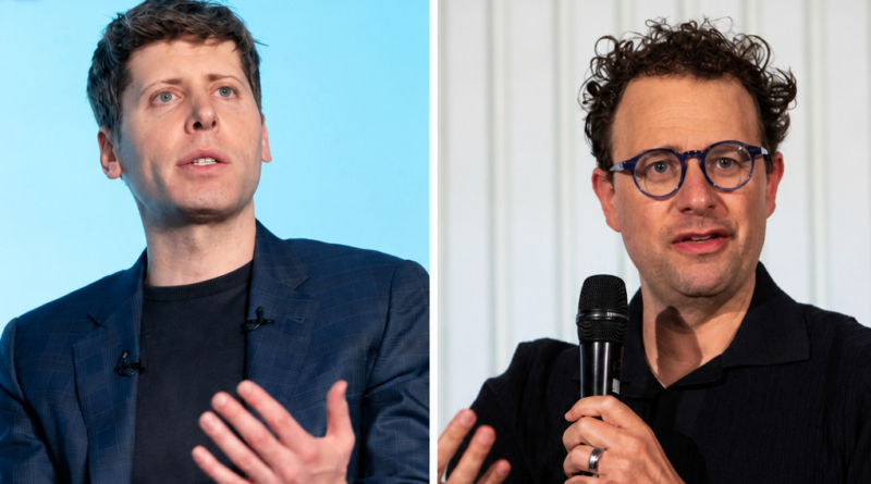 A split screen of OpenAI's CEO Sam Altman and Anthropic's CEO Dario Amodei.