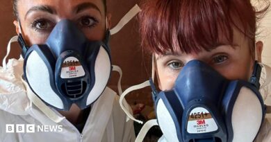 Two women in a selfie. The woman on the right has ginger hair tied back and a fringe. Her colleague has brown hair which has been tied back. They are wearing white hazmats suit and navy face masks.