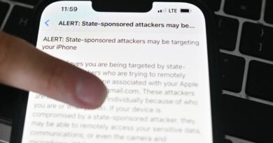 A Polish journalist iPhone displays an Apple alert saying "state sponsored attackers may be targeting your iPhone" on March 07, 2024 in Warsaw, Poland.