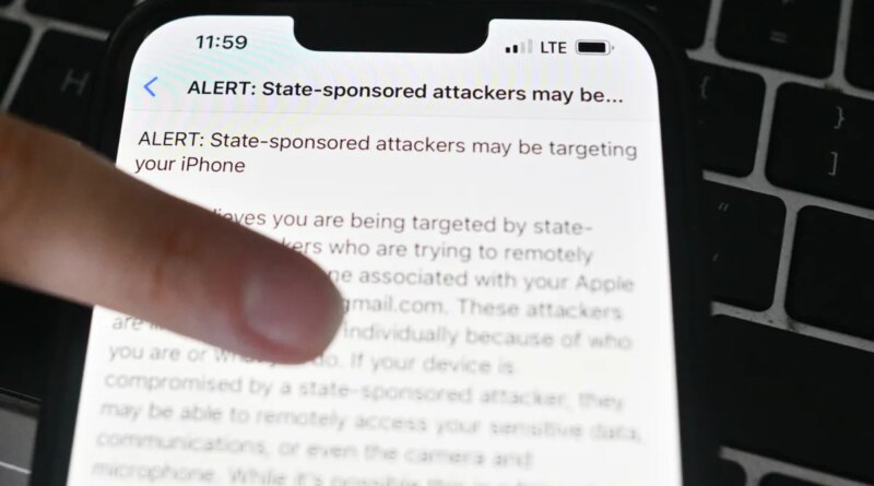 A Polish journalist iPhone displays an Apple alert saying "state sponsored attackers may be targeting your iPhone" on March 07, 2024 in Warsaw, Poland.