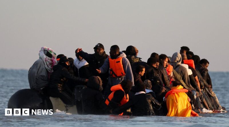 A group of migrants on a dingy off the coast of Gravelines, in a grab from the BBC video.