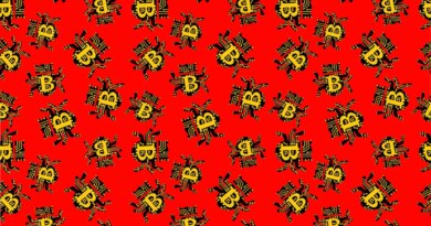a sea of patterned green bugs with yellow bitcoin logos on them on a red background