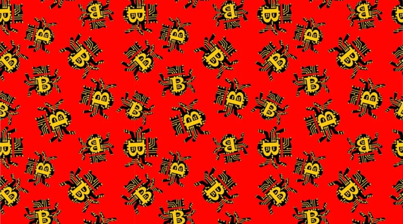 a sea of patterned green bugs with yellow bitcoin logos on them on a red background
