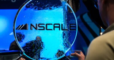 Nscale signage on the exhibition floor during the Nvidia GTC conference in San Jose, California.