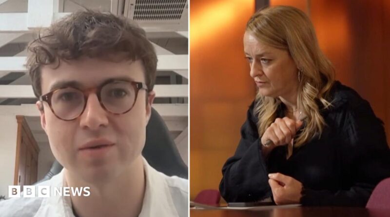 Jacob Coxon, shown on the left, wearing dark frame glasses and a white collored shirt. On the right is BBC's Laura Kuenssberg in a black shirt sitting with her arms on a desk as she looks to the left of frame.