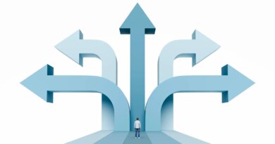 Man looking at multiple arrows branching out in different directions representing market expansion and diverse career opportunities, 3d render