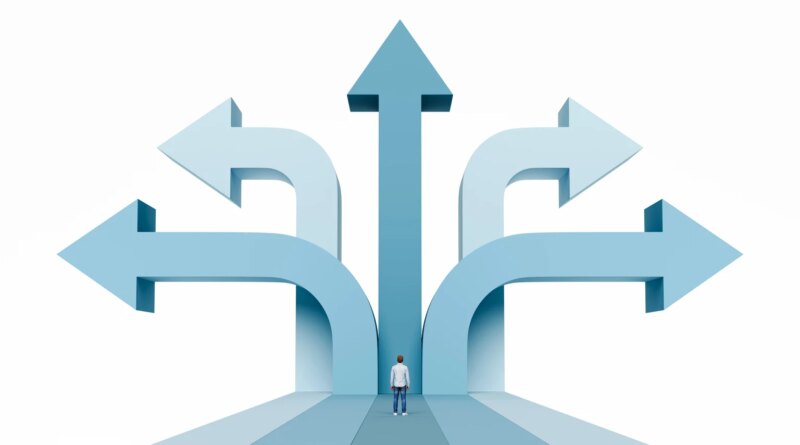 Man looking at multiple arrows branching out in different directions representing market expansion and diverse career opportunities, 3d render