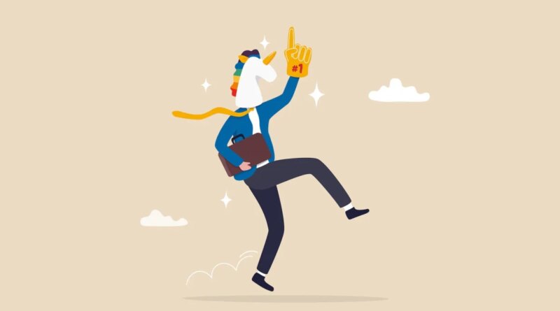 Success unicorn startup company, venture capital funding billion dollar support, growth or winning entrepreneur, challenge concept, happy winning businessman with unicorn mass and winning glove.