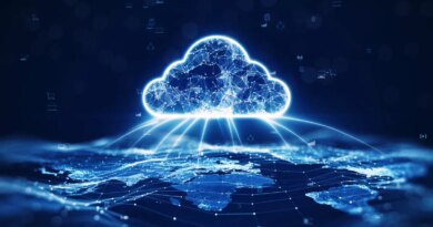 data transfer cloud computing technology concept. There is a large prominent cloud icon in the center with internal connections. and small icon on abstract world map polygon with dark blue background.
