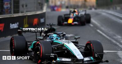 Mercedes' George Russell with Red Bull's Max Verstappen right behind during the Azerbaijan Grand Prix
