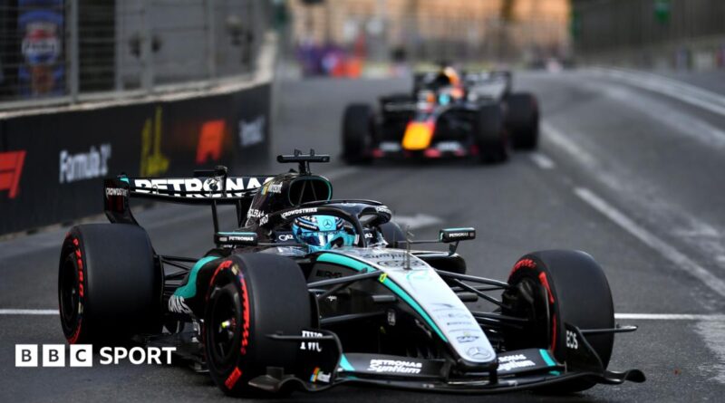 Mercedes' George Russell with Red Bull's Max Verstappen right behind during the Azerbaijan Grand Prix