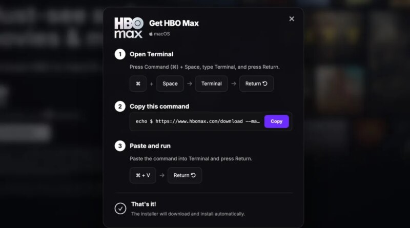 a screenshot of a fake HBO Max login page showing a ClickFix lure that tries to trick the victim into pasting malicious code into their computer.