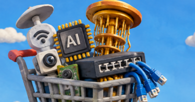 render of oversized shopping cart full of gadgets on deck of an aircraft carrier
