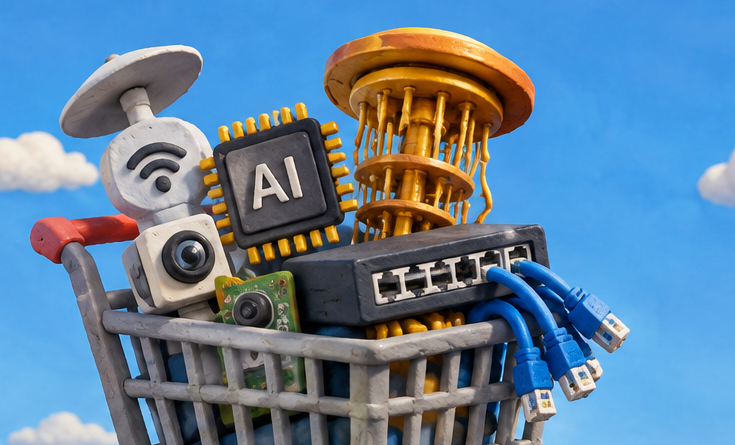 render of oversized shopping cart full of gadgets on deck of an aircraft carrier