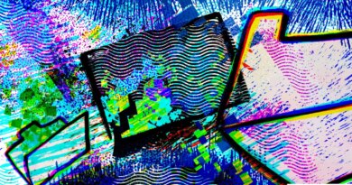 render of a data breach with computer folders over blue, green and purple spilling data squares