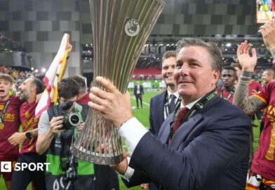 Dan Friedkin with the Conference League trophy after AS Roma won the competition in 2022