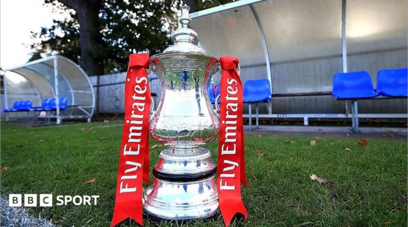 General view of the FA Cup trophy on display on the sideline at a qualifying round match in 2016